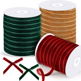Chuangdi 3 Roll Velvet Ribbon 3/8 Inch x 50 Yards Spool Wide Single Face Ribbons 150 Yards Vintage Velvet Ribbon for Gift Wrapping Decoration Party Wedding Bow Arts Crafts(Burgundy,Green,Khaki)