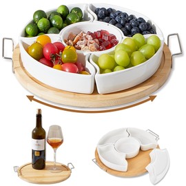 Rotatable Divided Serving Dishes Platters, Lazy Susan Serving Tray with Handles for Party, Ideal Porcelain Appetizer Serving Tray for Chips and Dip, Veggies, Candy and Olives