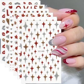 Glitter Heart Flower Stars Nail Art Stickers 6 Sheets Red and Silver Heart Flower Stars Nail Decals Five-Pointed Star Nail Art Design for Nail DIY Decoration Shiny Nail Sticker for Women and Girls