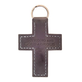 Cross Bible Keychain - Hand-Stitched Genuine Cowhide Leather Keychain Strap - Strong and Courageous Joshua 1:9 Stamped Scripture - Luxury Christian Bible Verse Gift Accessory for Men & Women