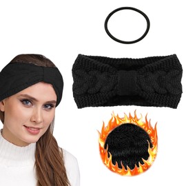 Women's Winter Headband, Knitted Headband Women's Wool with Knots, Hair Band, Ear Warmers, Elastic, Lined Headband, Hair Band, Ear Warmers, Thick Ear Protection, Black