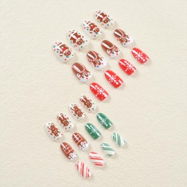 Christmas Press on Nails Short Oval Fake Nails With Cute Gingerbread Man Candy House Snowflake Designs Xmas Glossy False Nails Full Cover Stick on Nails Acrylic Winter Artificial Nails for Women