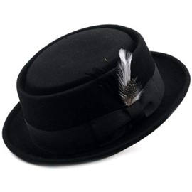 Men's Crush-able Wool Felt Porkpie Pork Pie Fedora Hats with Feather DTHE09 (S/M, Black)