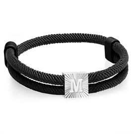 Sailing Rope Bracelet Men's with Letters Surfer Bracelet - Black Sailor Nylon Surf Bracelets with Initial A-Z Letter, Adjustable Surfer Bracelet Gifts for Men Boys Birthday Graduation, Nylon Stainless