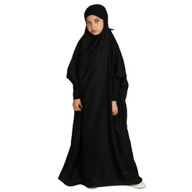 IDOPIP Muslim Dress for Girls Kids One Piece Long Sleeve Islamic Prayer Dress with Hooded Hijab Casual Full Length Maxi Kaftan Abaya Robe Middle East Modest Clothes Black 6-7 Years
