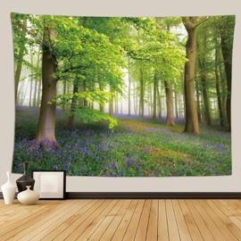 Fullfun Misty Forest Wall Tapestry, Upgraded Tree Tapestries Nature Landscape Tapestry with Lavender for Bedroom Livingroom Dorm Decor 130 cm x 150 cm (50 x 60 inch)