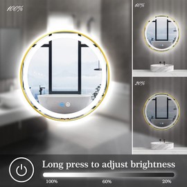 TiliKuly Gold Round Vanity Mirror with Lights 18 Inch Gold Frame Round Lighted Mirror for Bathroom Wall Circle Round LED Mirror Anti-Fog 3 Color Dimmable Bathroom Golden Round Smart Light up Mirror