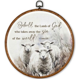 TLESKE Christian Scripture the Lamb of God Round Wall Art Decor 10x10, Bible Verse John 1:29 Framed Canvas Wall Art Prints Artwork, Religious Wall Hanging Room Door Decor for Bedroom Living Room