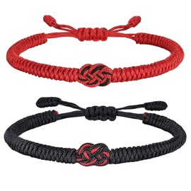 2PCS Lucky And Protection Bracelet,String Bracelet for Men Women,Hand Braided Rope Thread,Surfer Bracelet for Girl Son Teenage (red and black)