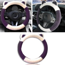 Couslcd Car Steering Wheel Cover, Cute Steering Wheel Protector with Kitty Cat Ears,Fluffy Soft Plush for Winter Warm, Universal Fit 15 inches for Car,SUV, Elastic & Anti-Slip (White/Purple)