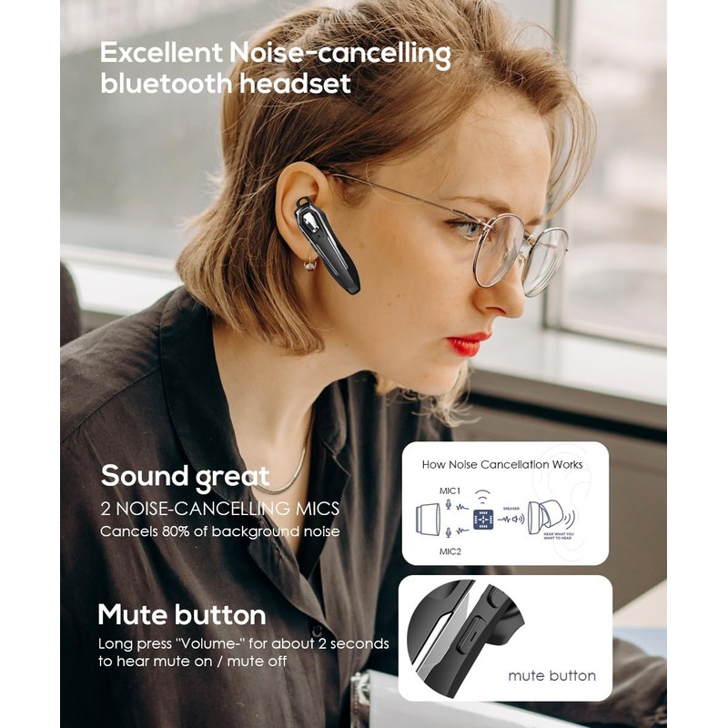 BEVCEFCC Bluetooth Earpiece Handsfree 30Hrs Talking Time Wireless Headset Bluetooth