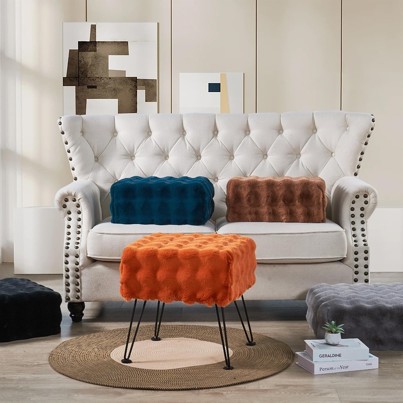 Warmaxx Teal Square Faux Fur Bubble Ottoman Soft Fuzzy Entryway