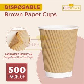 CHEF ROYALE 500x 8oz Disposable Kraft Paper Hot Coffee Cups - Paper Cups for Hot and Cold Drinks - Insulated Takeaway Coffee Cups for Eco-Friendly Hot Cups Wedding Birthday Party (500, 8oz)