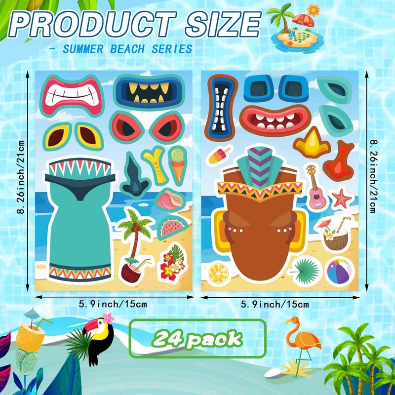 24 Sheets Tiki Make a Face Stickers, Tropical Hawaiian Stickers
