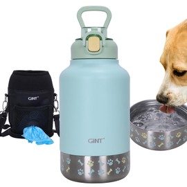 GiNT 37oz Insulated Stainless Steel Dog & Human Water Bottle | Leakproof Travel Dispenser with Detachable 10oz Bowl, 24H Cold/12H Hot, Carrying Case for Walking, Hiking,Camping & Outdoor Travel(Green)
