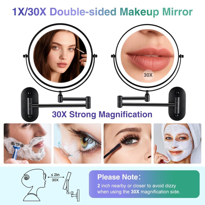 Wall Mounted Makeup Mirror with Light: 30X/1X 8.5'' Double Sided