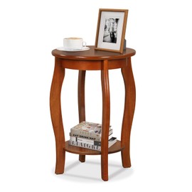 Giantex 2-Tier Round End Table, Narrow Tiered Telephone Table with Storage Shelf, Solid Wood Legs, Modern Sofa Side Table Nightstand for Living Room, Bedroom, Small Space, Walnut (1, Round)