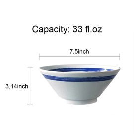 Caalio Japanese Ramen Bowls Set of 2, Noodle Pho Porcelain Salad Bowls, Dishwasher & Microwave Safe, 34 Ounce, 7.5-inch Bowls, SWIPES