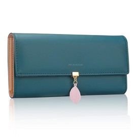 FT FUNTOR PU Leather Wallet for Women RFID Blocking Ladies Leaf Pendant Coin Zipper Long Purse with Multiple Card Slots and Card Holders Phone Pocket(L-Teal Blue)
