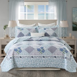 DDUOXIN Floral Bedspreads King Size 120"x120" - 100% Cotton Reversible Oversized King Quilt with 2 Pillow Shams, Farmhouse King Bedspread Lightweight Bedding Set, Blue, King/Cal King