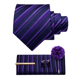 YourTies Purple Mens Tie Set Silk Striped Necktie with Lapel Pin Pocket Square Cufflinks Set for Wedding Party Business