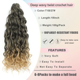 FANWYFYU 6Packs Deep Wavy Twist Crochet Braids Hair 18Inch French Curly Braiding Hair Pre-Looped Long Bohemian Crochet Hairs Water Wave Synthetic Curly Hair Extensions for Women and Girls (T1B-27)