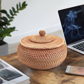 Pvczool Round Box in Rattan, Fruit Basket in Wicker with Lid Bread Basket Storage Basket Woven in Bread Basket,