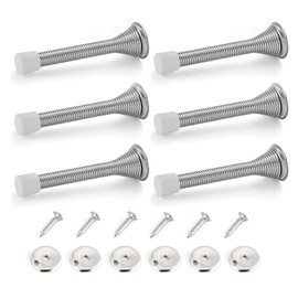 6 Pcs Wall Mounted Chrome Spring Door Stop Sprung Stopper Skirting Board Buffer Long Door Springs Screw with Anti-Slip Rubber for Protect Walls and Doors