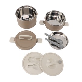 Insulated Food Container 304 Stainless Steel PP Stackable Portable Round Bento Lunch Box with Spoons for School Office Travel Camping Picnic Brown Double Layer 1.9L