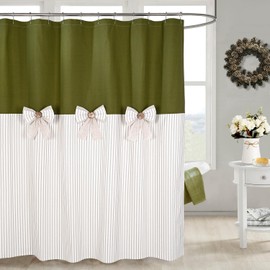 DOSLY IDÉES Farmhouse Green Shower Curtain,Bowknot,Cotton Blend Fabric,Pleated Green Stripe,Country Style,72x72 in