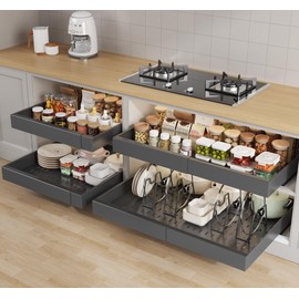 Seinloes 4 Pack Pull out Cabinet Organizer 21" Deep With Raising Pad for Framed Cabinets,Expandable (15.2"-26.3"W) Slide out Drawers for Kitchen Cabinets with 4pcs Divider Racks,Roll out Shelves,Black