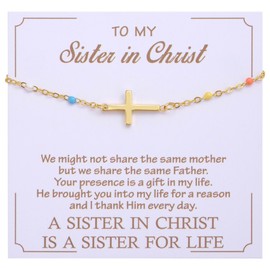 Kvekstio Sister in Christ Cross Bracelet, Faith-Based Adjustable Stainless Steel Cross Bracelet, Christian Friendship Gift for Sister Bff Best Friends, Communion Baptism Gift for Bday Christmas