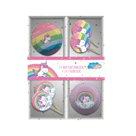 Einhorn Muffin Backset im Geschenkkarton: 24 Muffinförmchen + 24 Fähnchen