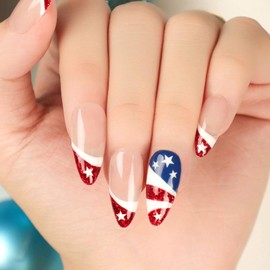 4th of July Press on Nails Medium Almond Fake Nails with American Flag Designs Independence Day Glue on Nails Press ons Independence Day False Nails Red French Stick on Nails for Women24 Pcs