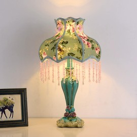 LIFENICEST Floral Victorian Lamp Green Fabric Table Lamp European Pastoral Night Stand Lamp Romantic 1 Light Cute Pink Flower Desk Light Vintage Cloth Lace Lampshade with Beaded