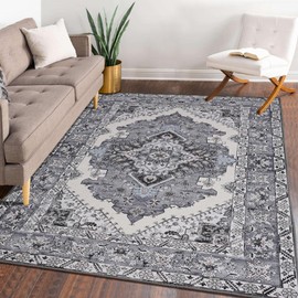 ISEAU Area Rug 6x9 - Rug for Living Room Bedroom Non-Slip Machine Washable Rug, Vintage Rug Low Pile Indoor Floor Distressed Carpet, Accent Rugs for Bedroom Living Room Kitchen Dining Room, Grey
