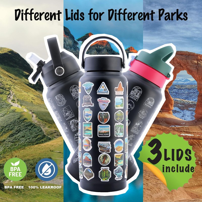 Prnaiev National Parks Water Bottle 32 oz 3 Lids 80