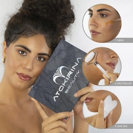 ATOKIRINA Schönheitsset, Anti-Falten, Anti-Aging, Rolle aus weißer Jade und Gua Sha mit Konzentrat aus Hyaluronsäure, 3P, Natursteine, für Massage des Gesichts, Augen und Dekolleté – hergestellt in