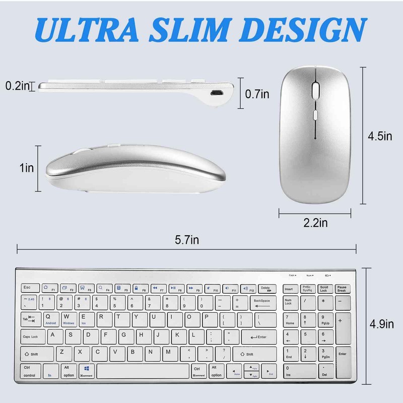 Rechargeable Wireless Keyboard Mouse, UrbanX Slim Thin Low Profile Keyboard