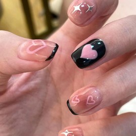 Heart Press on Nails Short Square Black French Press on Nails with Pink Love Heart Designs Glossy Full Cover Acrylic Short False Nails Glue Fingernails Artificial Cute Fake Nails for Women Girls 24pcs