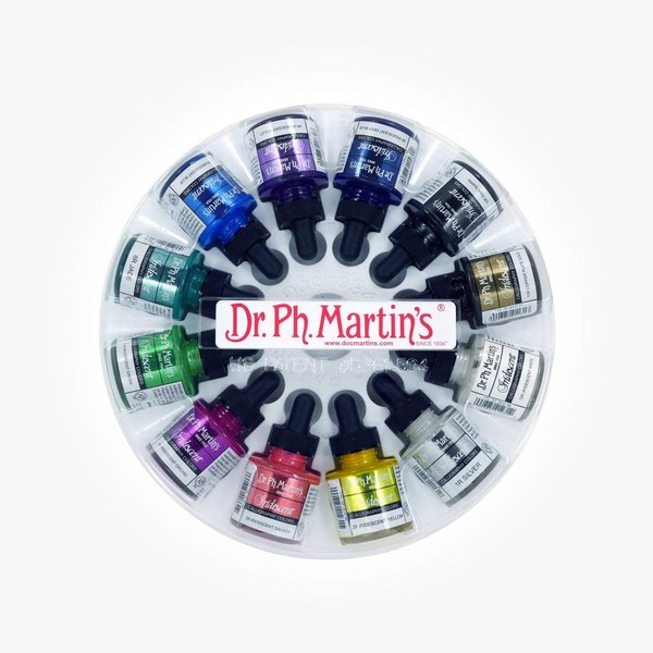 Dr. Ph. Martin's Iridescent Calligraphy Color (Set 1) Ink Set, 1.0 oz, Set 1 Colors, 1 Set of 12 Bottles