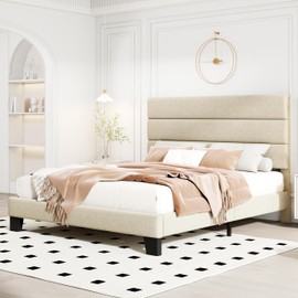 HOOMIC Full Size Bed Frame with Headboard, Fabric Upholstered Platform Bed with Strong Wood Slats Support, Mattress Foundation, No Box Spring Needed, Beige