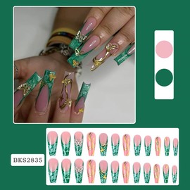 24Pcs Long Square Press on Nails Green French Tip Fake Nails Gold Glitter with Flower Full Cover Tips Glue on Nails Artificial Acrylic False Nails Butterfly Charms Design for Women Nails Decorations