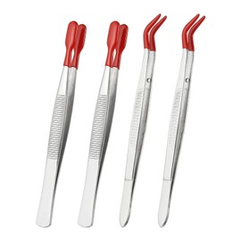PATIKIL Craft Tweezers with Rubber Tips, 4 Pcs PVC Coated Tweezers Set Long Stainless Steel Bent Straight Flat Tip for Stamp Sticker Crafts Beads Jewelry Tools, Red 5.9" 6.1"