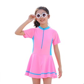 NautySaurs Girls Swimming Costume with Skirt, School Style Modest Swimwear with Shorts, Kids Patchwork Toddler Girls All in One Swimming Suit (Pink Short Sleeve, 11-12 Years)