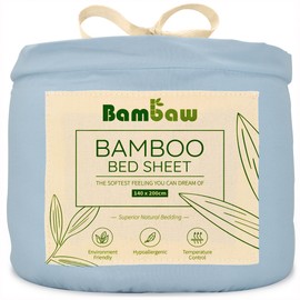 Bambaw Double Fitted Sheet Bamboo, 140x200 cm, Deep Pocket 35 cm, Summer Cooling Sheets for Night Sweats, 100% Bamboo Bedding, Soft & Anti Dust Mites Cool Bed Sheets, 140x200 Fitted Sheet (Light Blue)