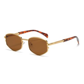 LJCZKA Trendy Square Metal frame Sunglasses for Women Men Retro Polygon Sun Glasses Luxury Classic Shades (GoldBrown)