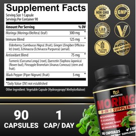 Moringa Supplement | Elderberry, Ginger, Echinacea, Turmeric, Quercetin, Bromelain, Black Pepper - 8in1 Support Immune System, Antioxidant 90 Capsules [3-Month Supply]