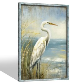 Heron Wooden Framed Wall Art: Coastal Beach Picture Sea Bird Painting Large Blue Seascape Artwork Ocean Seashore Prints for Bathroom Bedroom Living Room