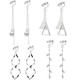 Elicola 4 Pairs Clip On Dangle Earrings, Not Pierced Bar Pearl Triangle Leaves Twisted Drop Dangle Earrings Set for Womens, Silver